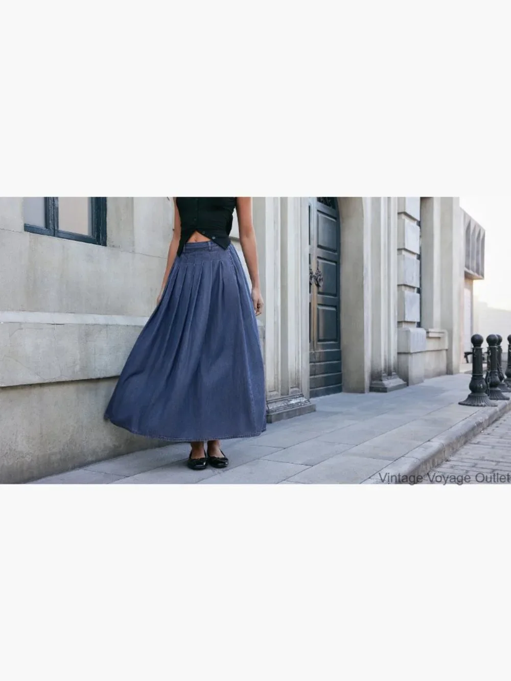 Maxi Denim Skirt High Waisted A-Line Pleated with Pockets Regular Fit - Picture 7 of 7